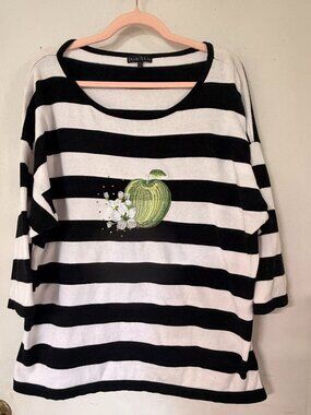Bua Bua Womens Top XXL Black White Striped Embroidered Apple Beaded Sweater Knit